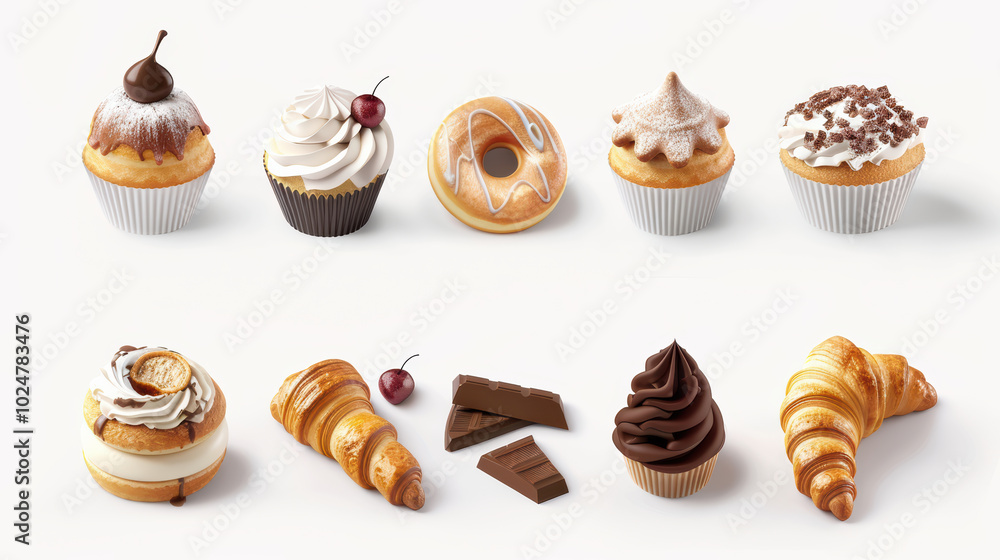 Delight in variety of sweet treats including cupcakes, donuts, and croissants, showcasing rich textures and flavors that evoke joy and indulgence Delight in variety of sweet treats including cupcakes, donuts, and croissants, showcasing rich textures and flavors that evoke joy and indulgence