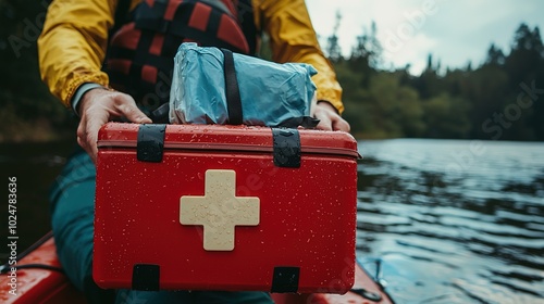 A person in a kayak holds a red first aid kit while surrounded by scenic water and forest on a cloudy day.