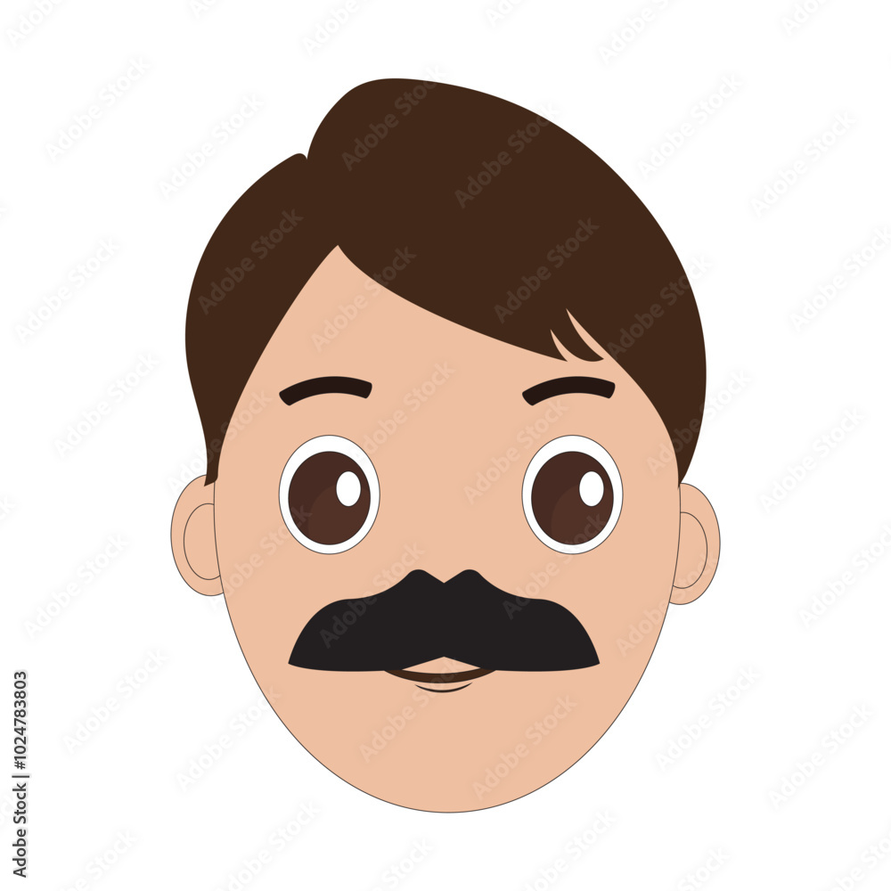 Illustration of a cartoon man is face with mustache and big eyes, brown hair and a thick black mustache. Minimalist design, perfect for avatars, stickers or other graphic projects. Eps 10 Illustration of a cartoon man is face with mustache and big eyes, brown hair and a thick black mustache. Minimalist design, perfect for avatars, stickers or other graphic projects. Eps 10