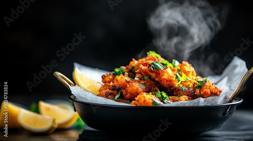 Tender fish amritsari with a crispy, golden batter, served with sliced onions and lemon wedges photo