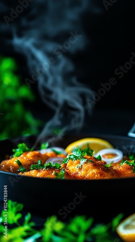 Tender fish amritsari with a crispy, golden batter, served with sliced onions and lemon wedges