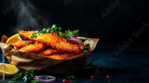 Tender fish amritsari with a crispy, golden batter, served with sliced onions and lemon wedges photo