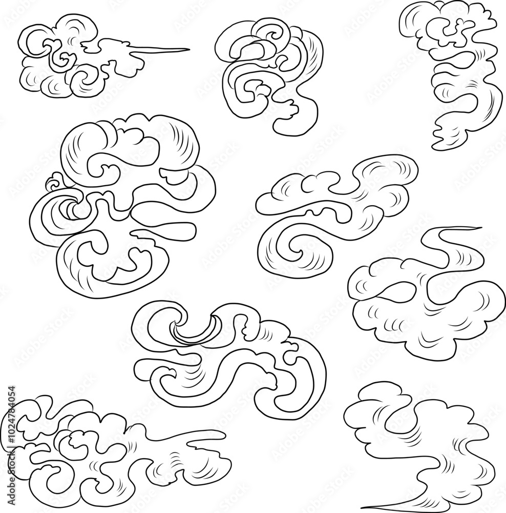 Fototapeta premium Chinese cloud vector for coloring book and printing on white background.Traditional Japanese culture element for tattoo design and idea.Cloud and wave illustration.Clip art.