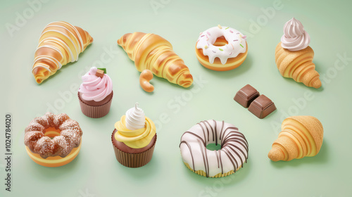 Delight in colorful assortment of pastries and desserts, featuring croissants, donuts, cupcakes, and chocolate treats, perfect for any sweet tooth