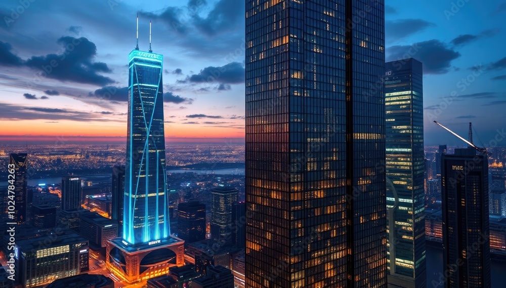 Obraz premium Tech-infused skyscrapers with glowing facades, representing a futuristic city where architecture and technology blend seamlessly. AI-generated