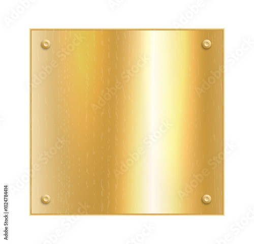 Gold plate. Metal plaque mockup. Golden frame. Vector brass rectangle.