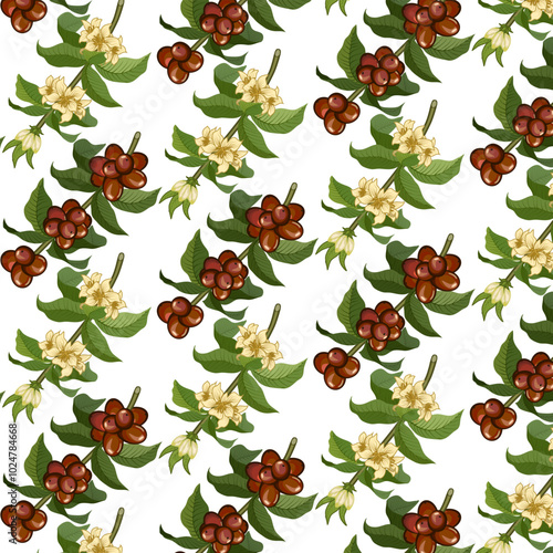 Pattern with coffee branches.Branches of coffee with flowers and fruits on a transparent background in a seamless vector pattern.