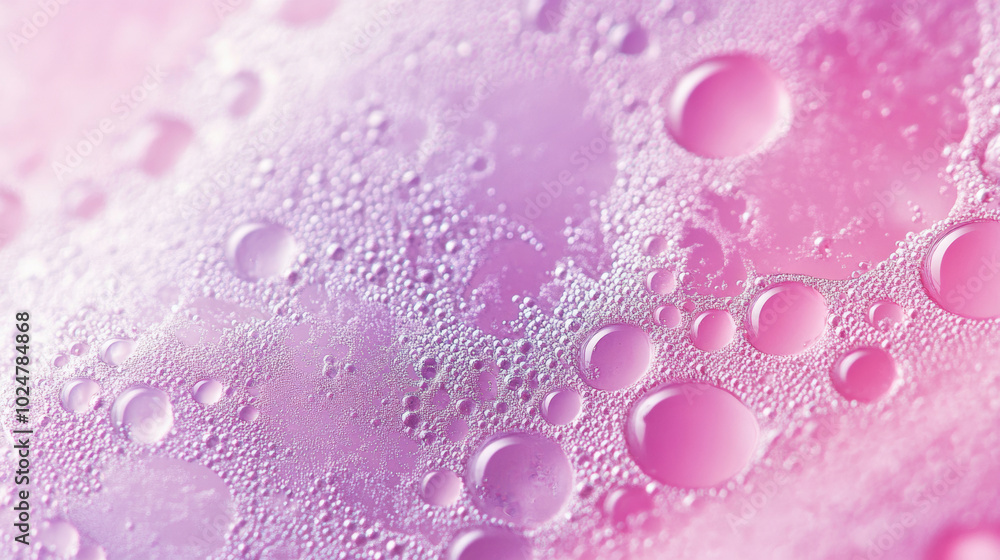 A close-up abstract cosmetic essential oil soap surface with droplets and bubbles for bath, pink and purple soft spa background A close-up abstract cosmetic essential oil soap surface with droplets and bubbles for bath, pink and purple soft spa background