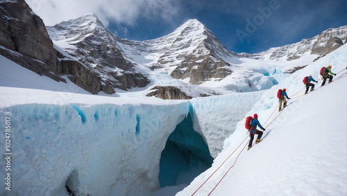 Majestic mountain range covered in snow with climbers crossing a narrow ice bridge over a deep crevasse  photo