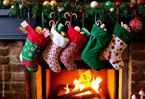 Christmas Stockings Hanging by the Fireplace photo