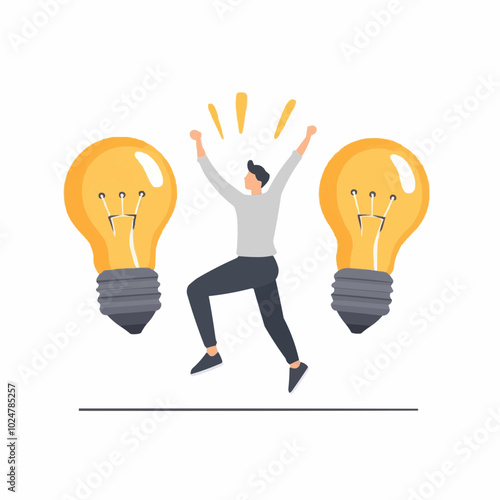 A joyful person celebrating with light bulbs symbolizing ideas and creativity.