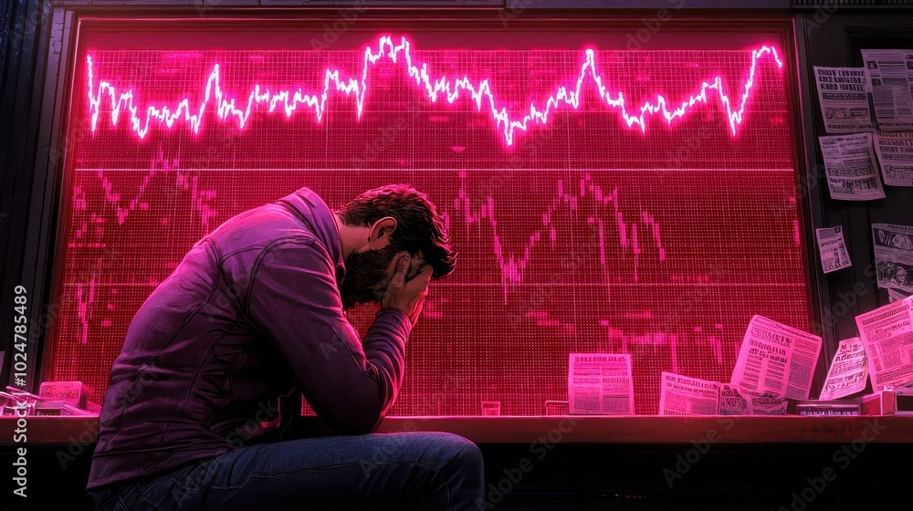 A distressed trader watching declining stock charts, surrounded by financial reports in a dimly lit trading room. A distressed trader watching declining stock charts, surrounded by financial reports in a dimly lit trading room.