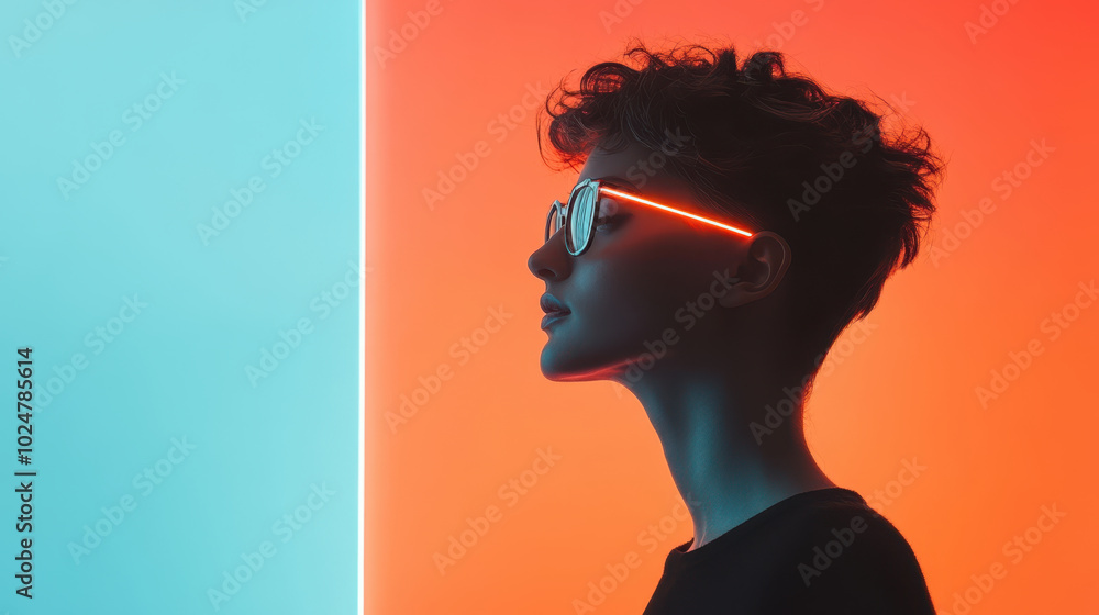 profile portrait of person illuminated by vibrant neon colors, showcasing striking contrast between warm and cool tones. unique lighting creates artistic and modern atmosphere profile portrait of person illuminated by vibrant neon colors, showcasing striking contrast between warm and cool tones. unique lighting creates artistic and modern atmosphere