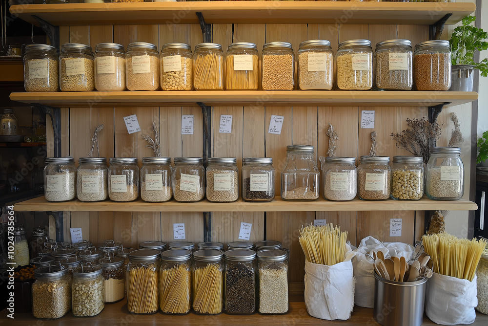 Fototapeta premium Beautifully Organized Zero Waste Kitchen with Glass Jars of Grains, Pasta, and Spices on Wooden Shelves. Eco-Friendly Items and Cloth Bags Create a Clean, Minimalistic, and Earth-Conscious Atmosphere.