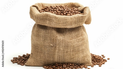 Burlap Sack with Unroasted Coffee Beans Isolated Image