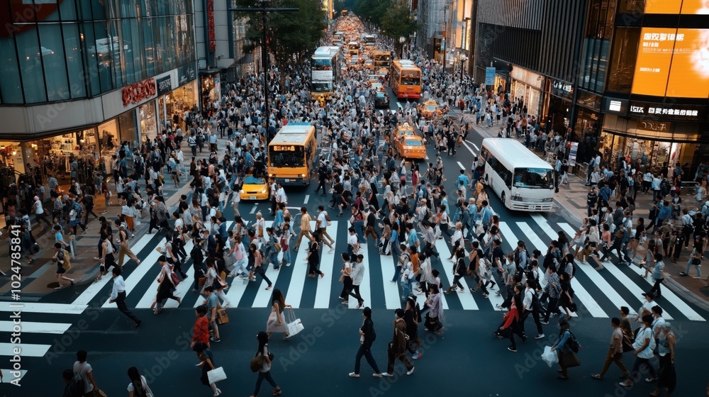 Obraz premium Crowded urban crosswalk with multiple pedestrians crossing streets surrounded by buses, taxis, and high-rise buildings during daytime in a bustling city.