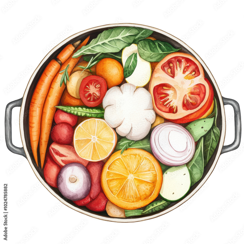 Vibrant Vegetable and Fruit Medley in a Cooking Pot Vibrant Vegetable and Fruit Medley in a Cooking Pot