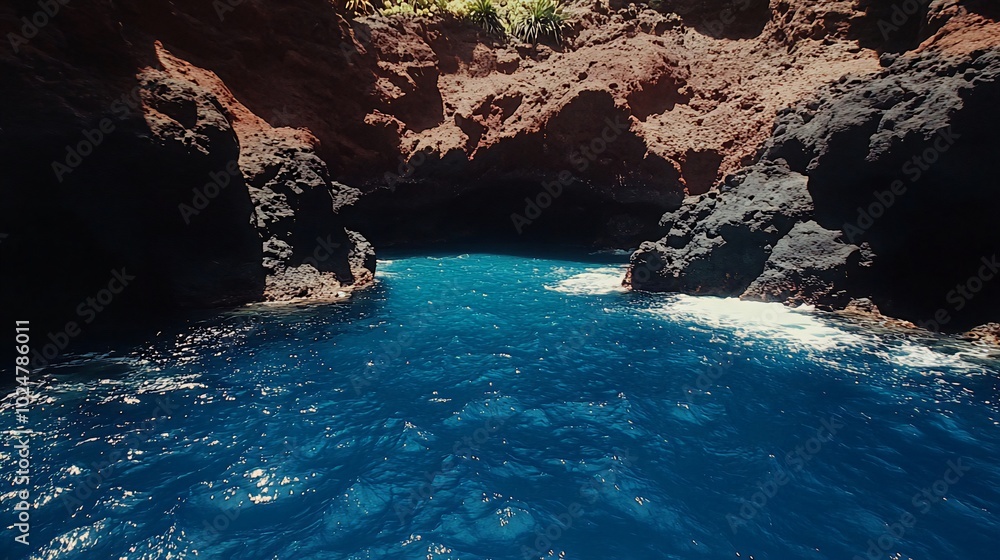 Obraz premium A narrow opening in the cliffs leads to a hidden cove of crystal-clear blue water, bathed in sunlight.