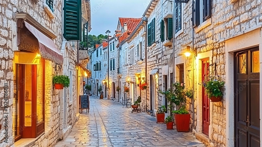 A narrow cobblestone street lined with quaint buildings in a European town. A narrow cobblestone street lined with quaint buildings in a European town.