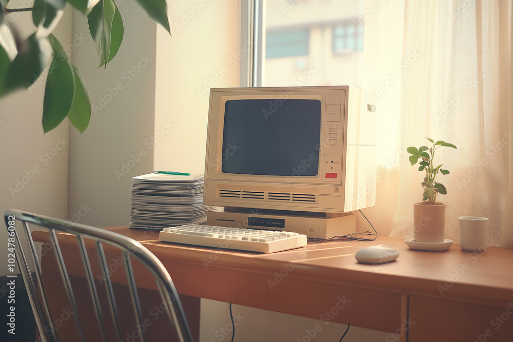 Fototapeta premium Minimalist Home Office Featuring a Beige Blocky Computer on a Simple Wooden Desk. Clean and Organized with Floppy Disks and Wired Mouse Beside the Keyboard. Soft Natural Lighting and a Small Houseplan