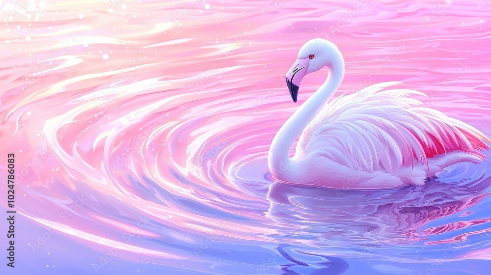 Naklejka premium A graceful flamingo gliding through serene pink waters, creating gentle ripples around it.