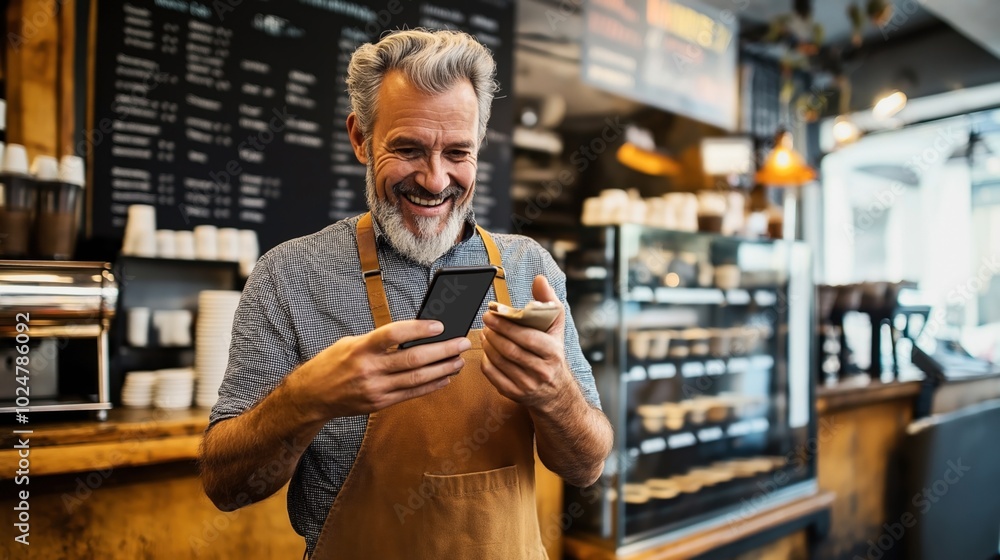 Smiling male barista in apron using smartphone in cozy coffee shop interior with menu board and cups in background Smiling male barista in apron using smartphone in cozy coffee shop interior with menu board and cups in background