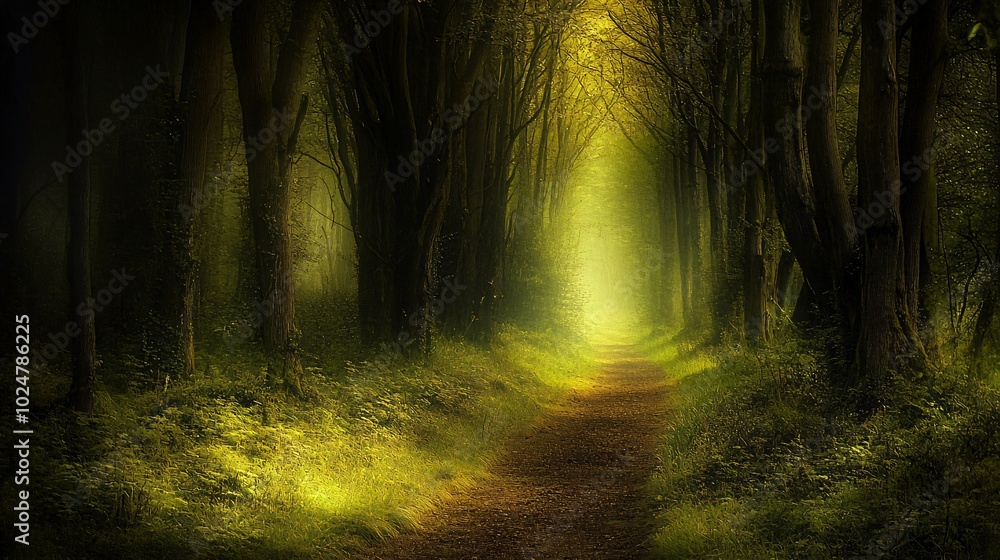 Obraz premium A path through a mystical forest, with sunlight illuminating the way ahead.