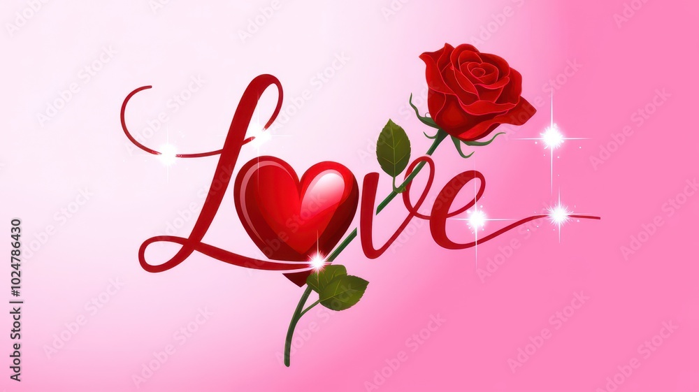 A romantic illustration featuring the word 'Love' in elegant script, adorned with a red rose and sparkling accents. A romantic illustration featuring the word 'Love' in elegant script, adorned with a red rose and sparkling accents.