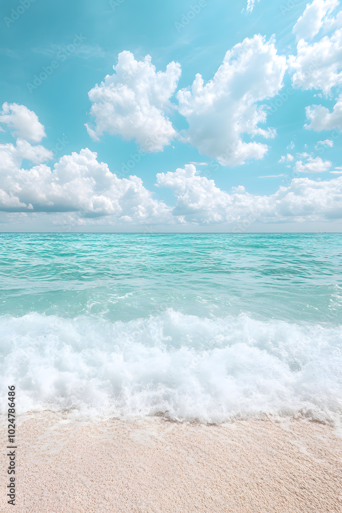 Tranquil Beach Scene with Crystal Clear Water and Fluffy Clouds Tranquil Beach Scene with Crystal Clear Water and Fluffy Clouds