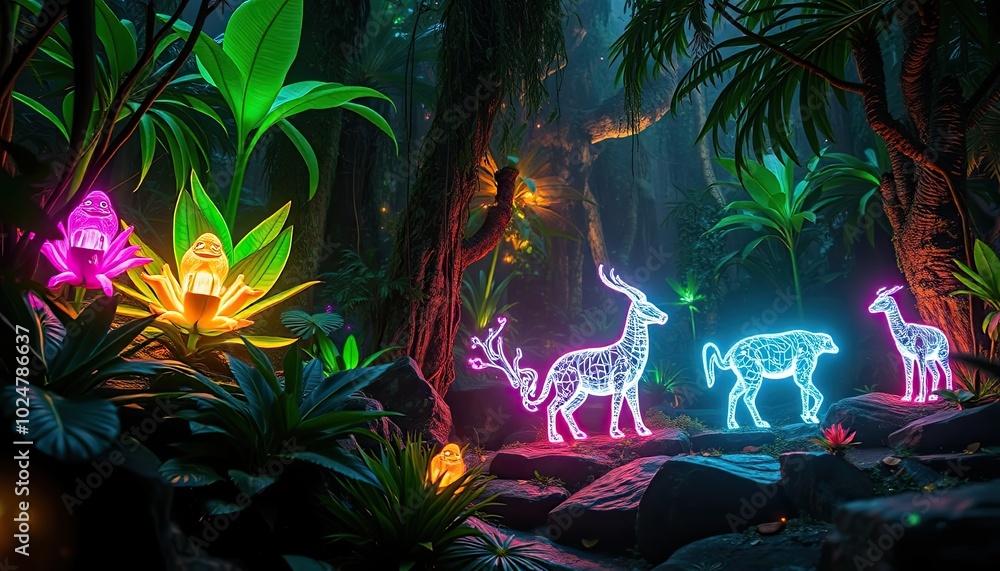 Fototapeta premium Tech jungle with bioluminescent plants and holographic animals, blending nature and technology in a futuristic environment filled with digital life. AI-generated