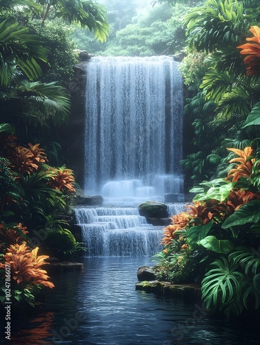 A cascading waterfall surrounded by lush green foliage, creating a serene and peaceful atmosphere.