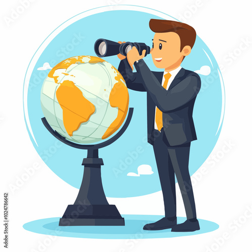 A businessman looking through a telescope at a globe, symbolizing exploration and vision.