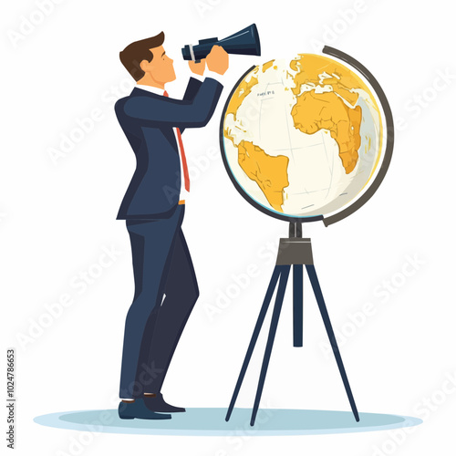 A businessman using a megaphone while looking at a globe, symbolizing exploration and communication.