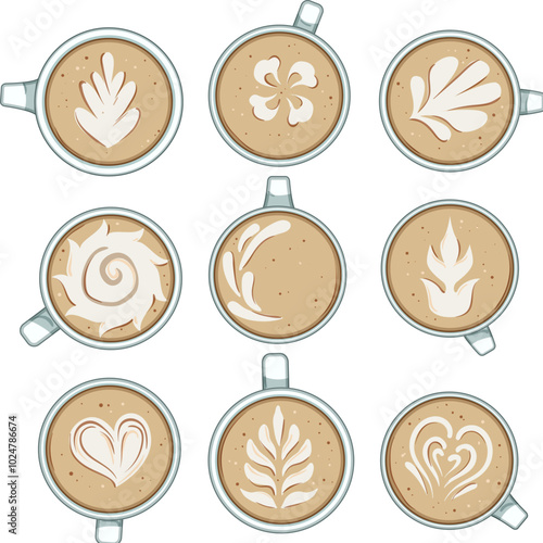 latte art coffee set cartoon. milk barista, espresso pour, herosetta tulip latte art coffee sign. isolated symbol vector illustration