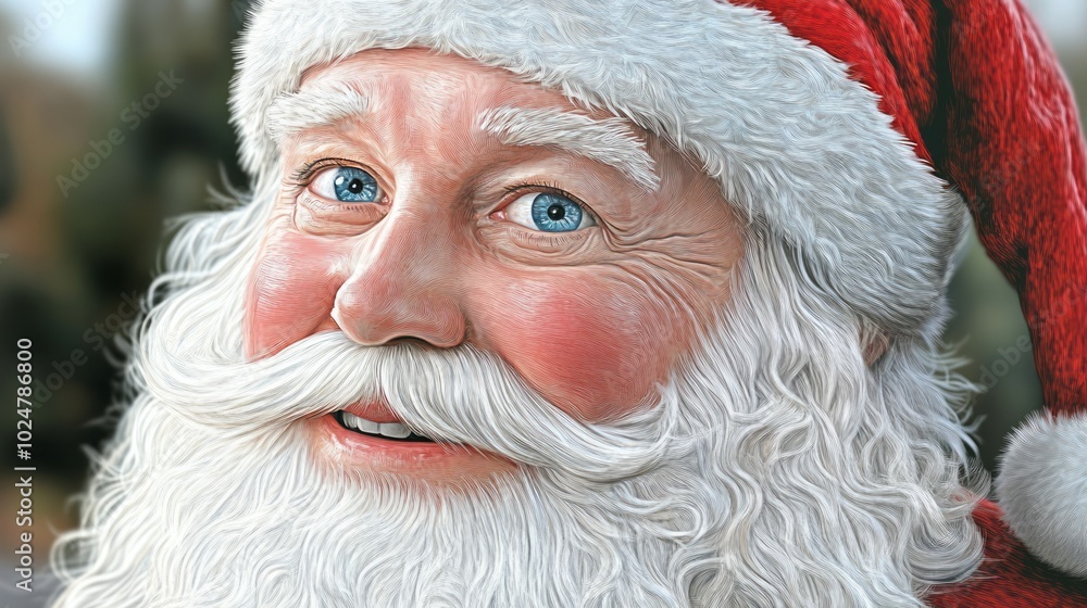 A close-up, heartwarming portrait of Santa Claus with kind blue eyes and a gentle smile A close-up, heartwarming portrait of Santa Claus with kind blue eyes and a gentle smile