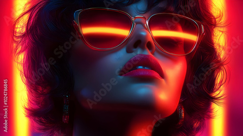 A stylish portrait of a woman with sunglasses and neon lighting.