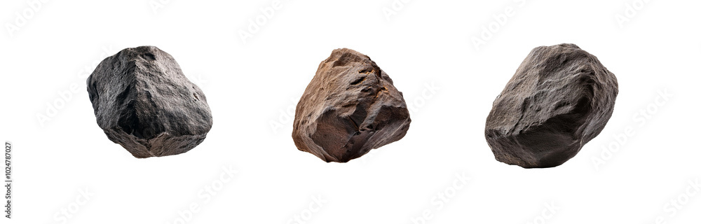 Three isolated dark grey stones with rough textures, set against a white background. Three isolated dark grey stones with rough textures, set against a white background.