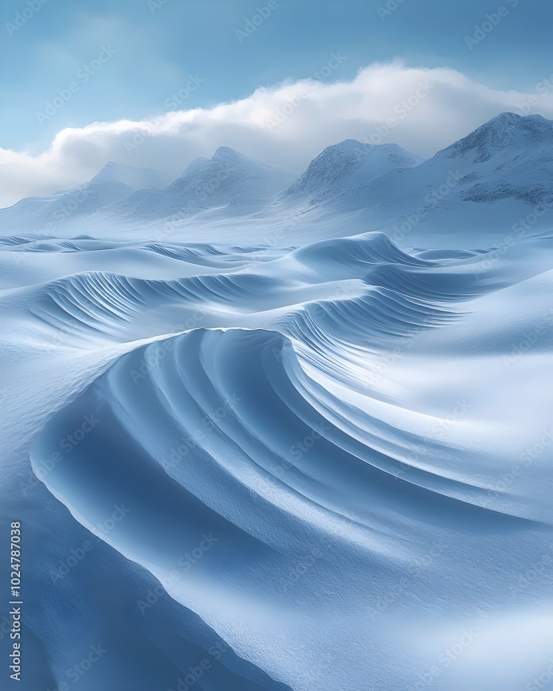 A stunning landscape of snow-covered mountains and frozen waves in a serene winter scene. A stunning landscape of snow-covered mountains and frozen waves in a serene winter scene.
