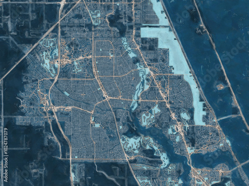 Painterly Style City Map of Port St. Lucie Florida, USA in a Blue Color Scheme.