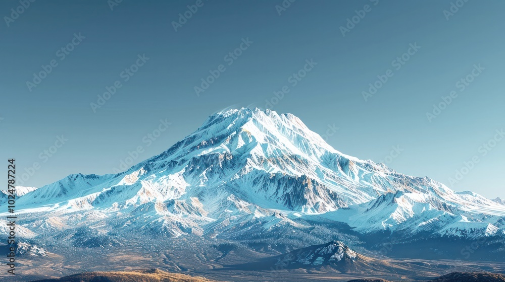 Majestic snowy mountain peak towering over a rugged pristine wilderness landscape with glacier capped ridges and rocky summits under a clear blue sky Scenic natural wonder in a remote Majestic snowy mountain peak towering over a rugged pristine wilderness landscape with glacier capped ridges and rocky summits under a clear blue sky Scenic natural wonder in a remote