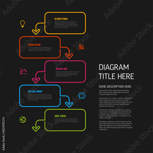 Five steps content rectangle blocks infographic template with colorful borders icons and diagram description. Multipurpose process progres infographic template on dark background