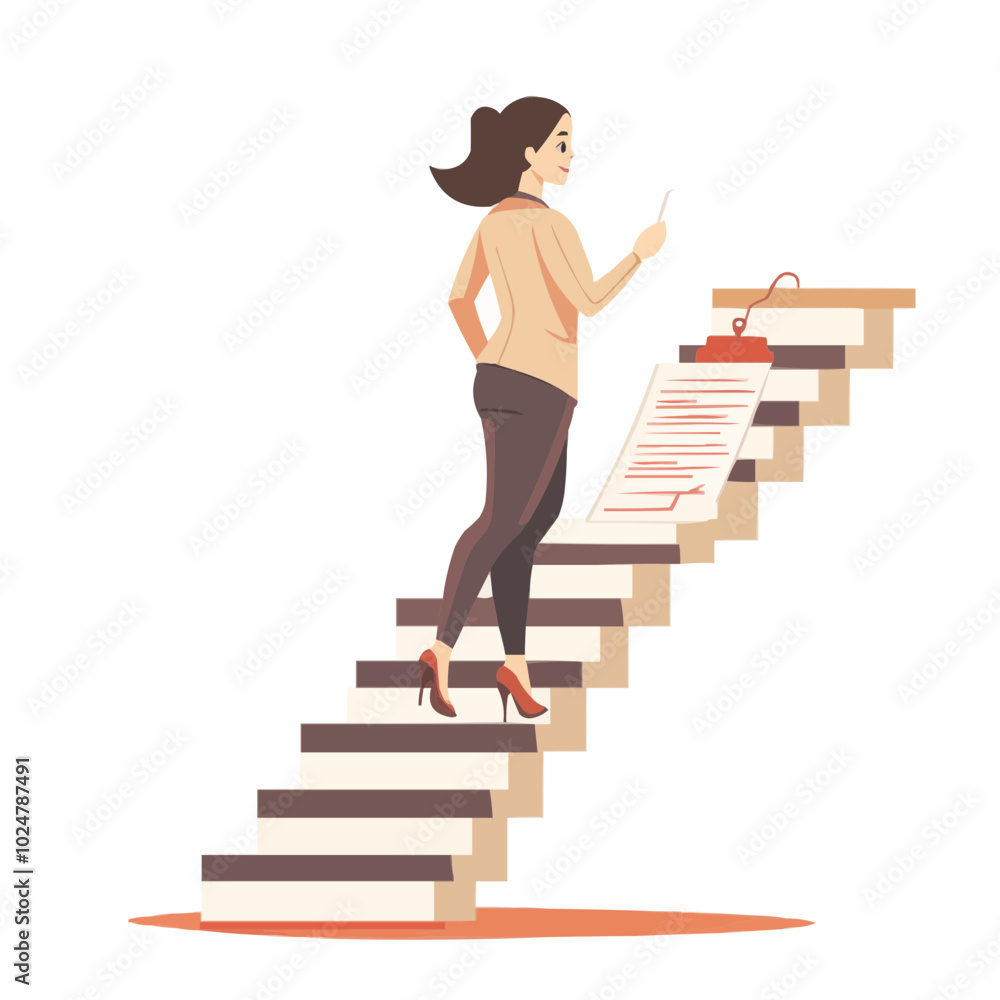 A woman ascending stairs with a checklist, symbolizing progress and goal achievement. A woman ascending stairs with a checklist, symbolizing progress and goal achievement.