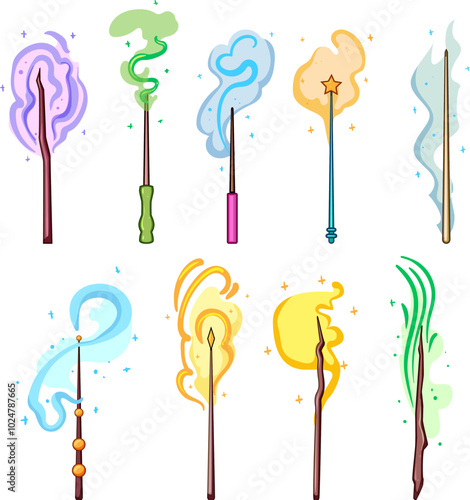 magic stick set cartoon. enchantment spell, sorcery charm, mystic power magic stick sign. isolated symbol vector illustration