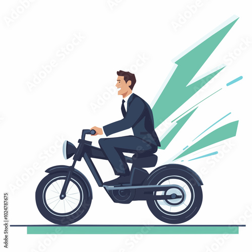 A businessman riding a motorcycle, symbolizing speed and efficiency.