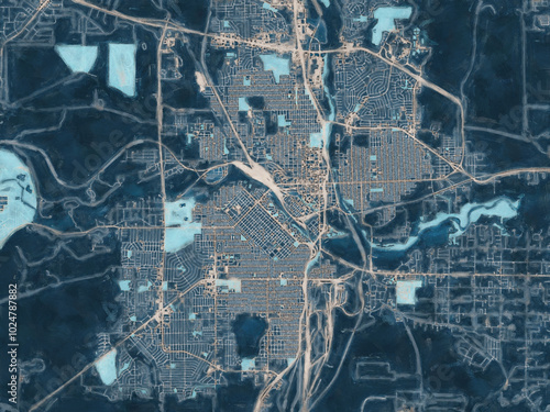 Painterly Style City Map of Pueblo Colorado, USA in a Blue Color Scheme.