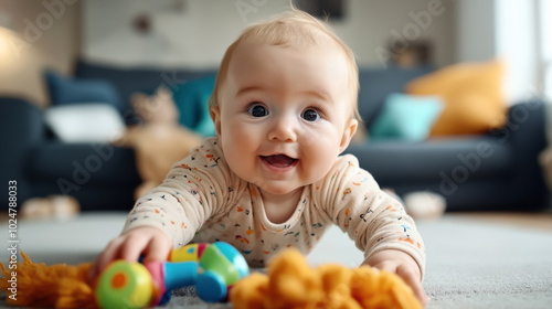 Baby lying on a carpet, smiling, surrounded by colorful toys in a cozy living room environment.
