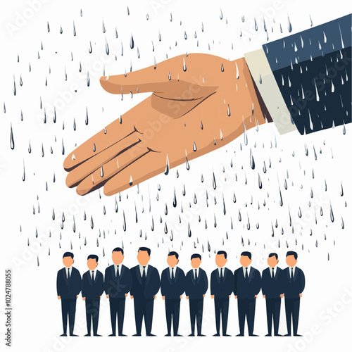 A large hand raining down on a group of suited men, symbolizing influence or authority.