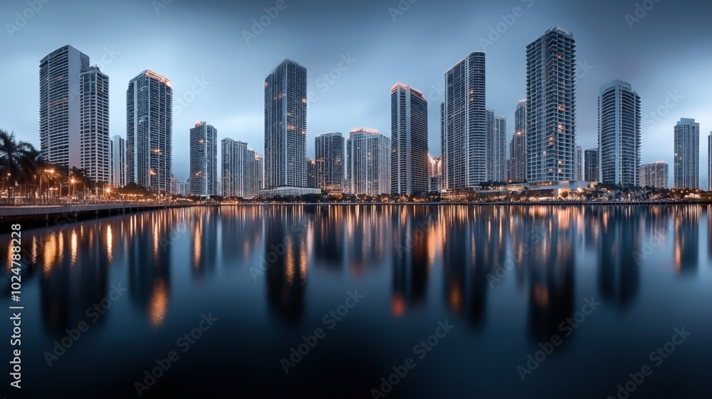 Panoramic view of a modern cityscape with numerous illuminated skyscrapers reflecting on a calm body of water during twilight. Panoramic view of a modern cityscape with numerous illuminated skyscrapers reflecting on a calm body of water during twilight.