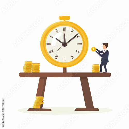 A businessman balances time and money on a scale, illustrating the value of both.