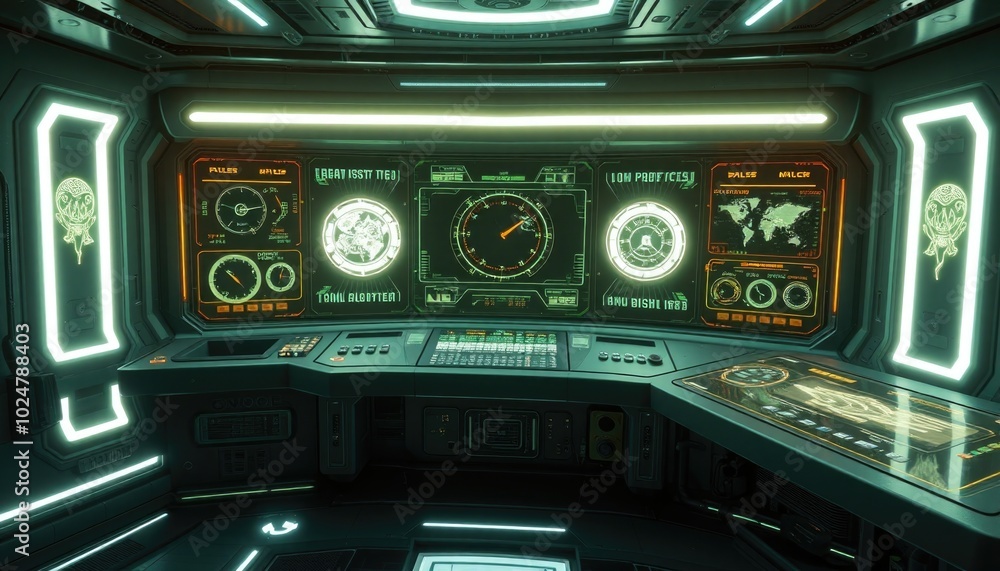 Obraz premium Futuristic control panel with holographic projections and interactive displays, designed for advanced data management and system control. AI-generated